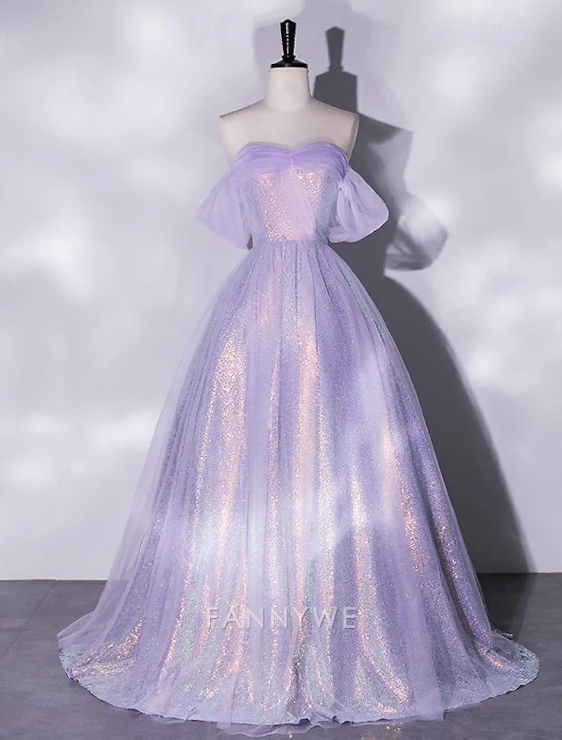 FannyWe Simple A-Line Prom Dresses Elegant Dress Formal Masquerade Floor Length Short Sleeve Square Neck Tulle with Glitter