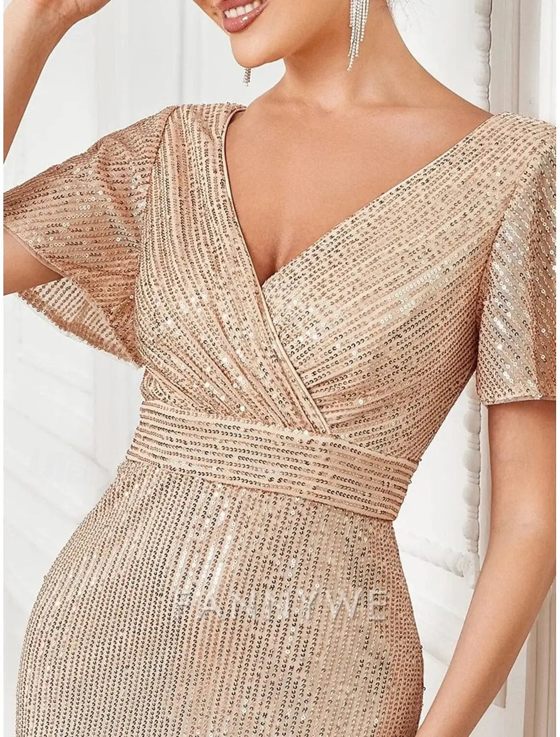 FannyWe Simple A-Line Prom Dresses Party Dress Formal Floor Length Long Sleeve V Neck Sequined with Glitter