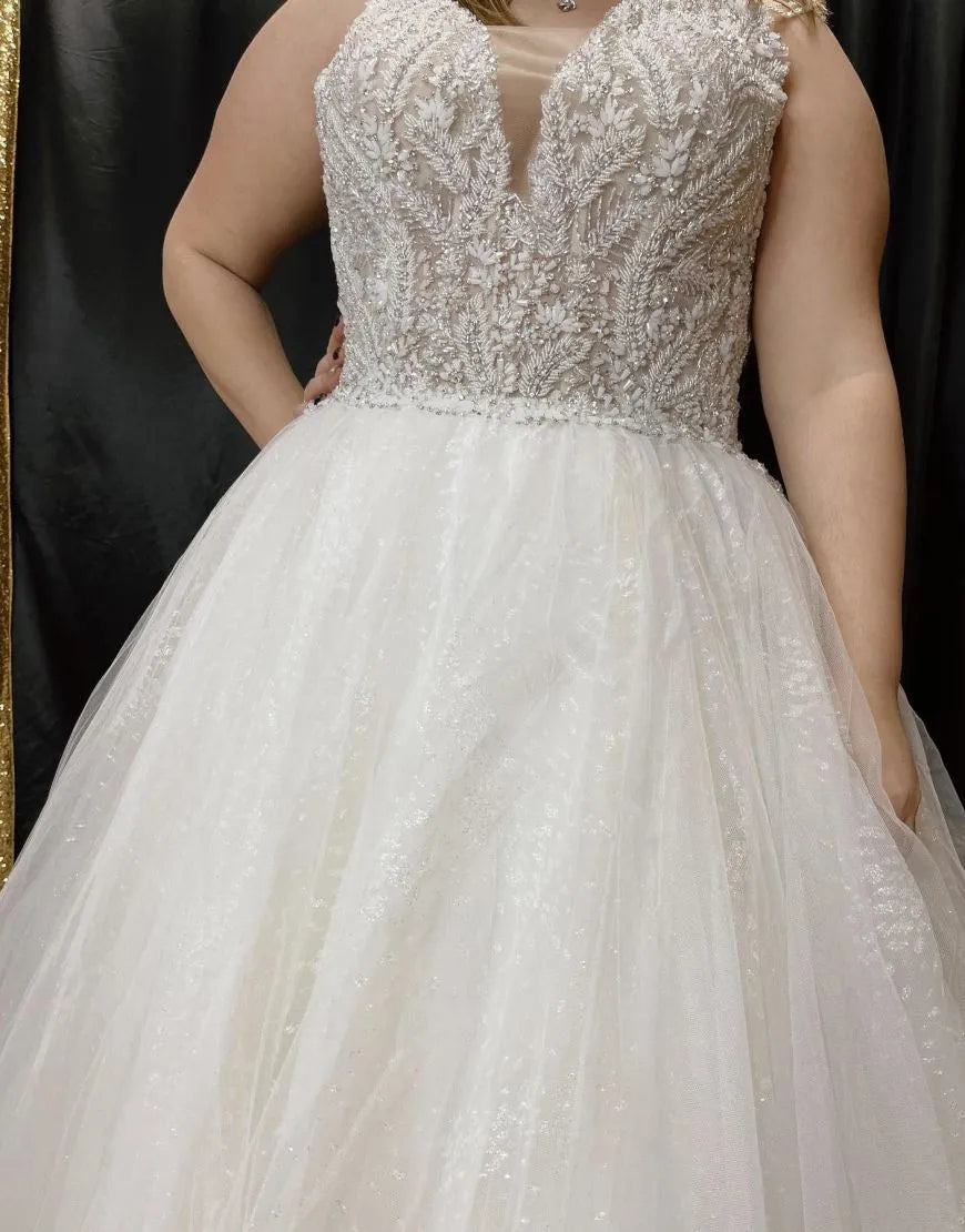 A-Linie Spaghettiträger Hofschleppe Tüll Glitzer Brautkleid in Übergröße