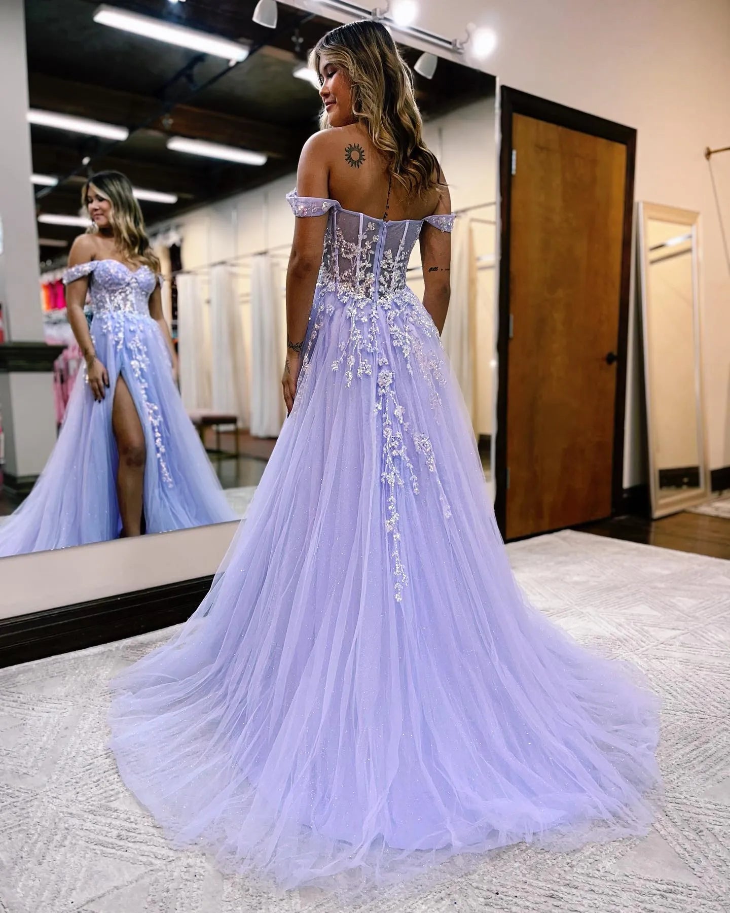 A-line Off The Shoulder Appliques Prom Dress
