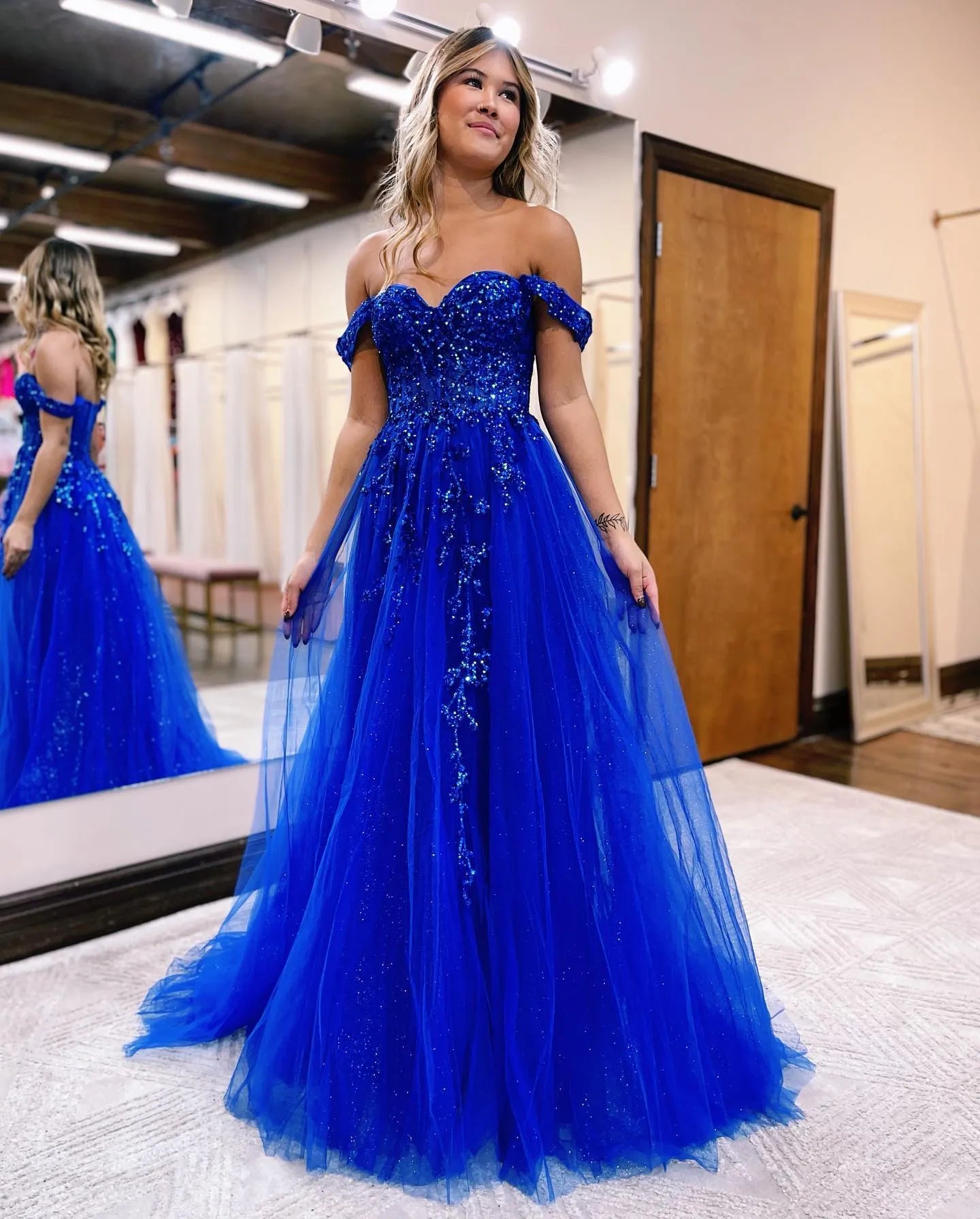 A-line Off The Shoulder Appliques Prom Dress