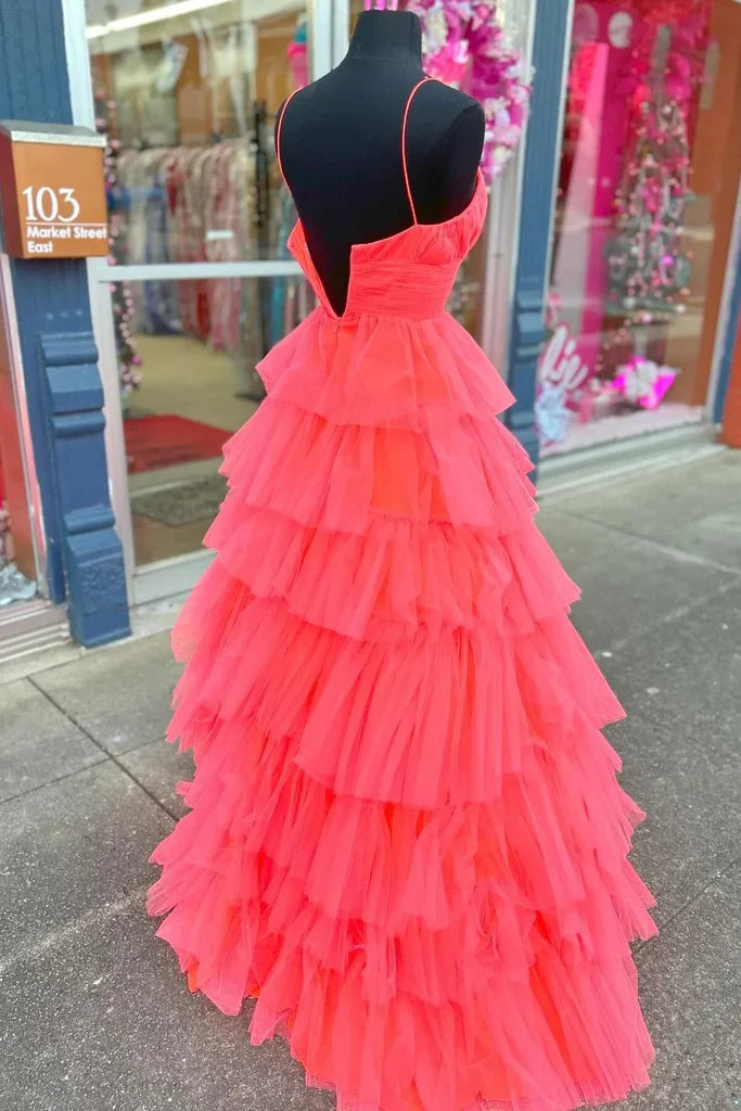 A-line Layers Plunging V Neck Long Prom Dress