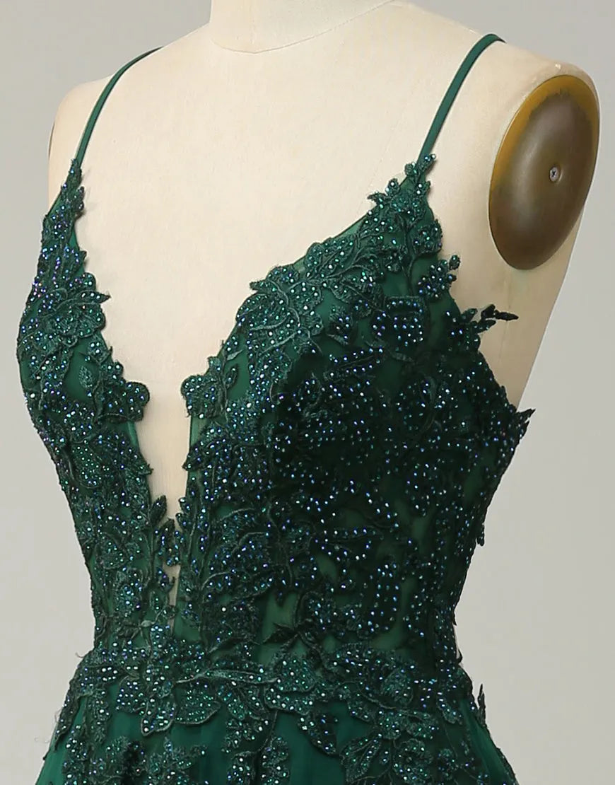 A-Linie Tüll Spaghettiträger Applikationen Langes Ballkleid mit Schlitz
