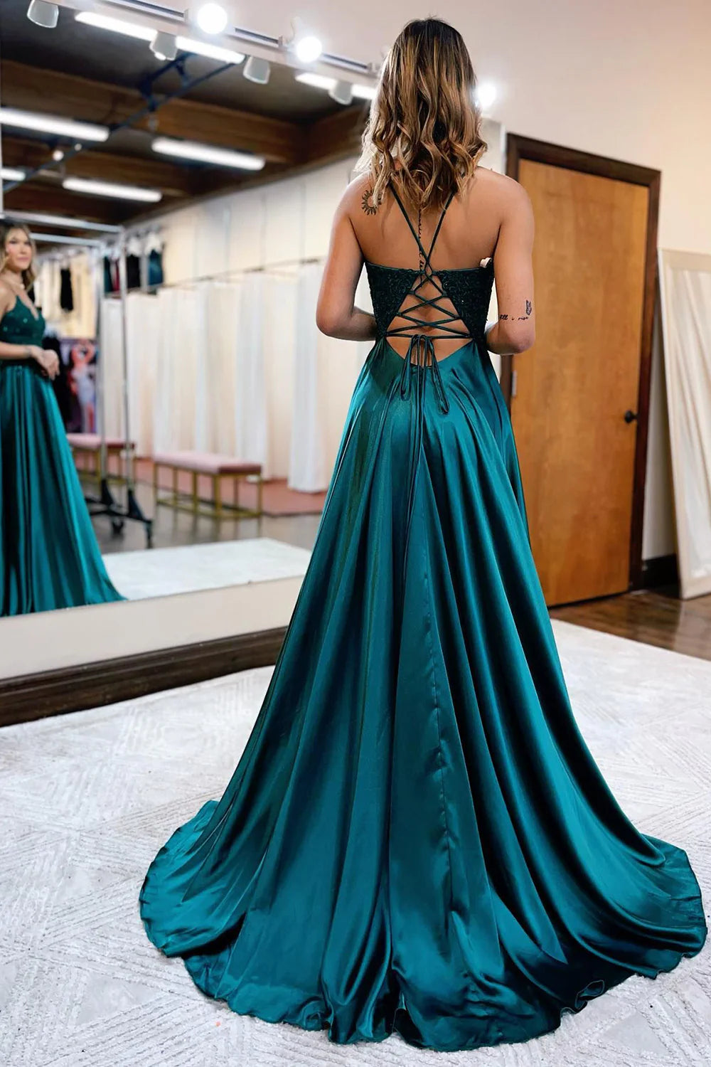 A Line Spaghetti Straps Long Prom Dress with Appliques