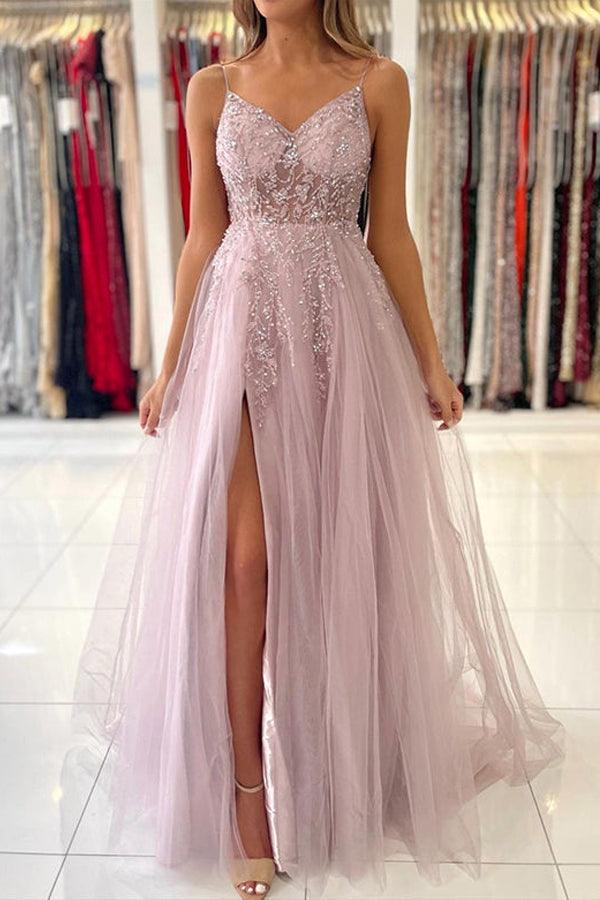 A Line V Neck Tulle Long Prom Dresses
