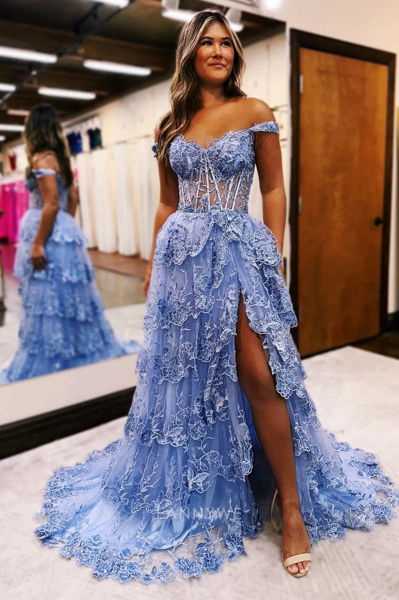 A Line Long Off the Shoulder Sweetheart Sleeveless Tiered Ruffles Tulle formal dresses Bridesmaid Dresses evening gown Prom Dress With Split