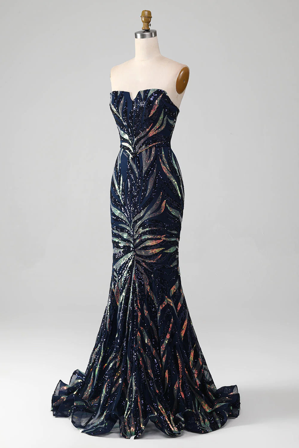 Glitzerndes, marineblaues, langes Ballkleid mit Meerjungfrau-Pailletten
