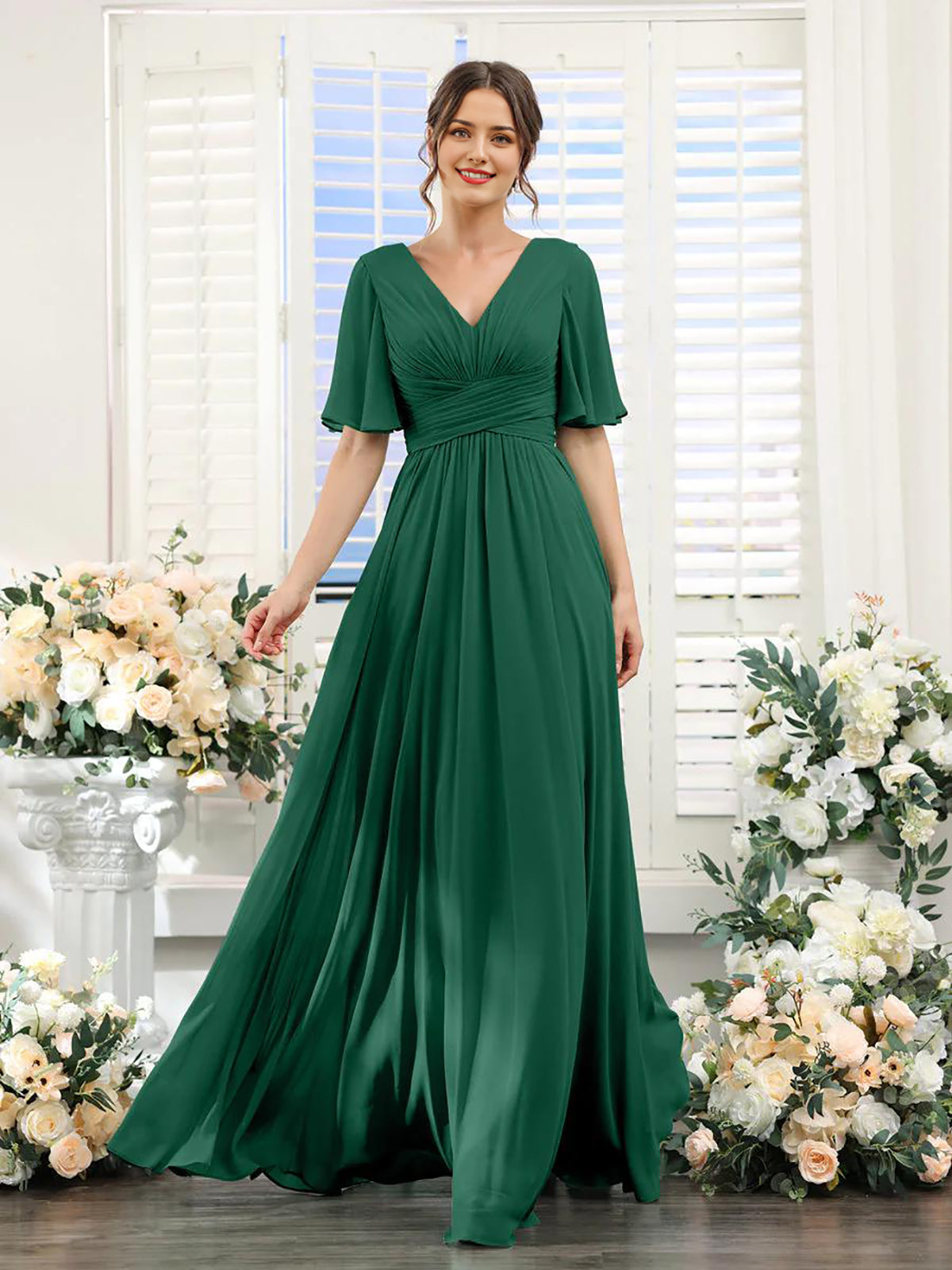 A-Linie V-Ausschnitt Ärmel Brautjungfernkleid für Hochzeitsgäste Lange Chiffon Partykleider mit Schlitz