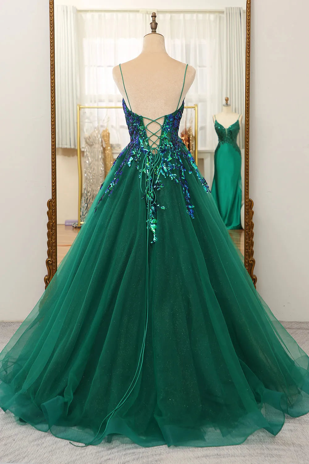 A-Line Glitter Tulle Spaghetti Straps Long Prom Dress With Sequin