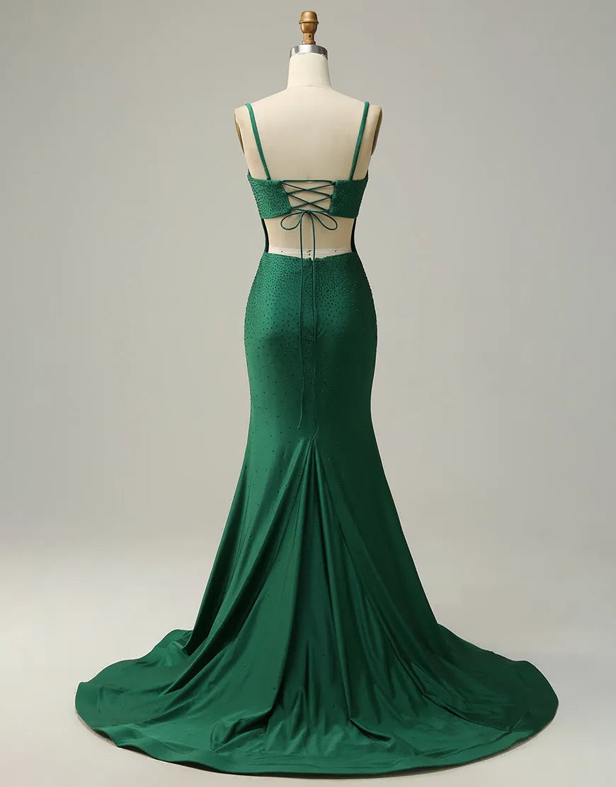 A-Linien-Ballkleid mit Spaghettiträgern und Korsettrücken und Schlitz