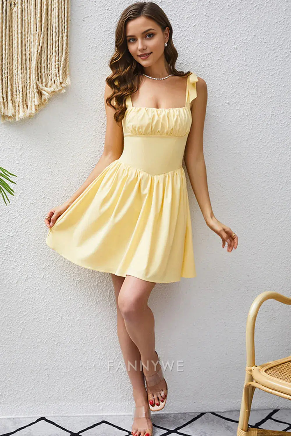 FannyWe Elegant A Line Yellow Square Neck Short Homecoming Dress hot sale