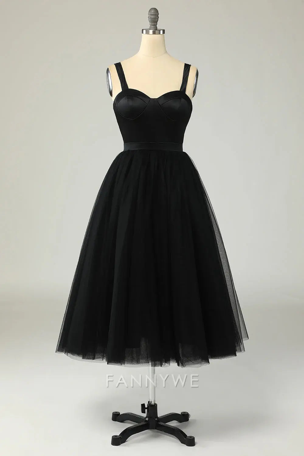 FannyWe Elegant Black Tulle Midi Dress with Sweetheart Neckline formal wear dresses