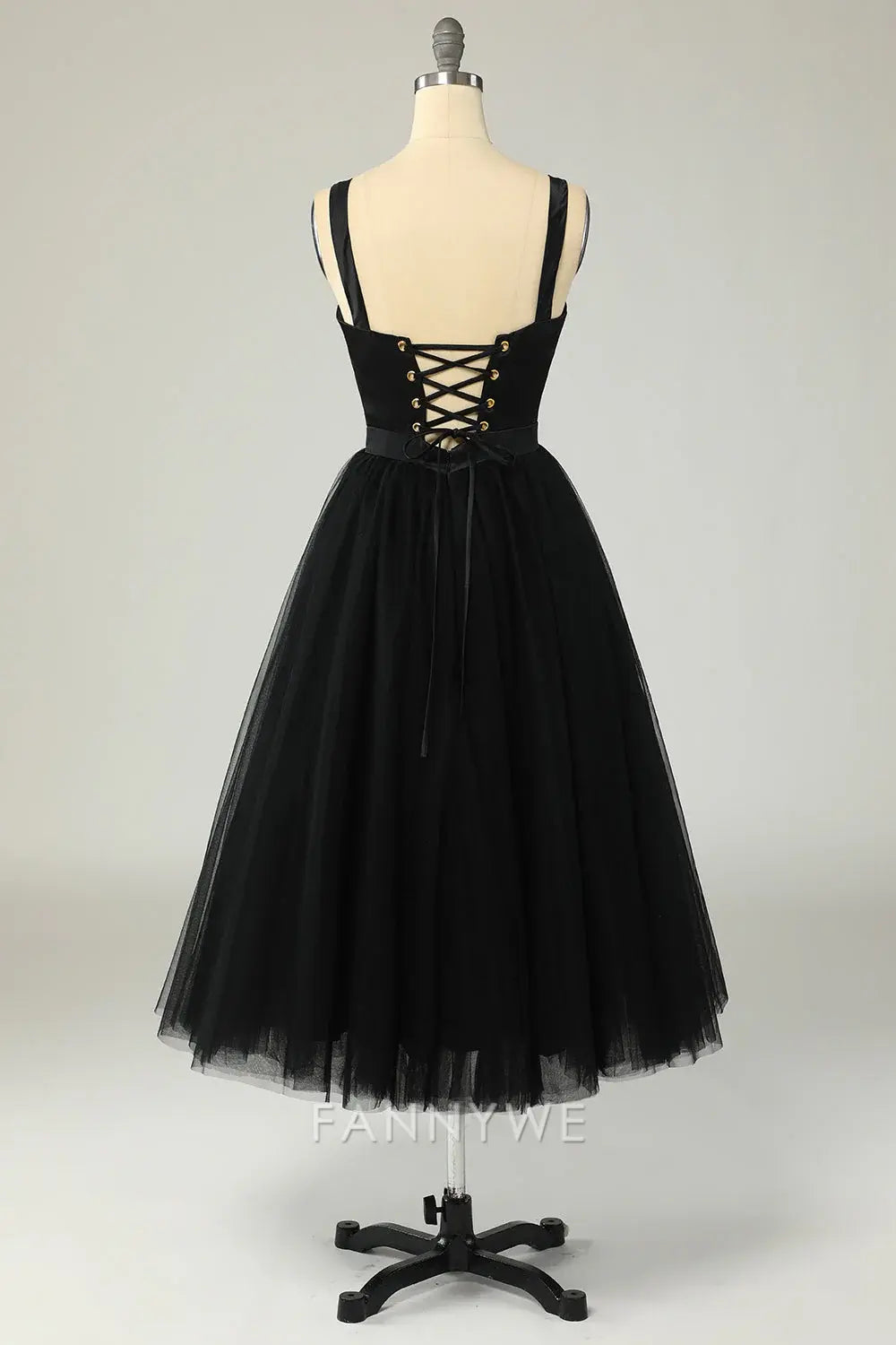 FannyWe Elegant Black Tulle Midi Dress with Sweetheart Neckline formal wear dresses