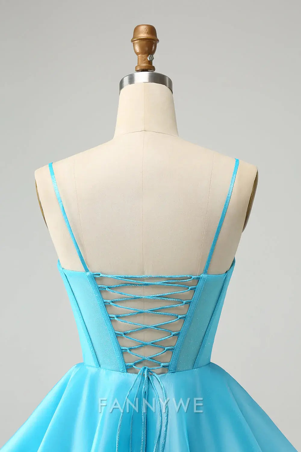 FannyWe Elegant Cute Glitter Blue A Line Spaghetti Straps Corset Homecoming Dress with Beading formal wear dresses