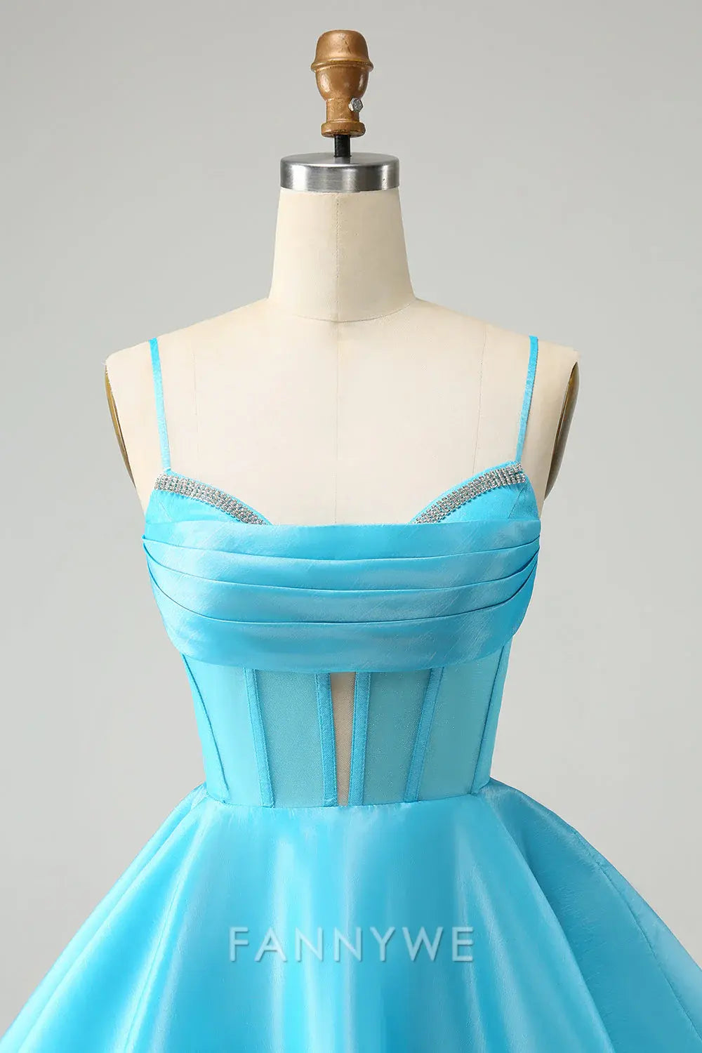 FannyWe Elegant Cute Glitter Blue A Line Spaghetti Straps Corset Homecoming Dress with Beading formal wear dresses