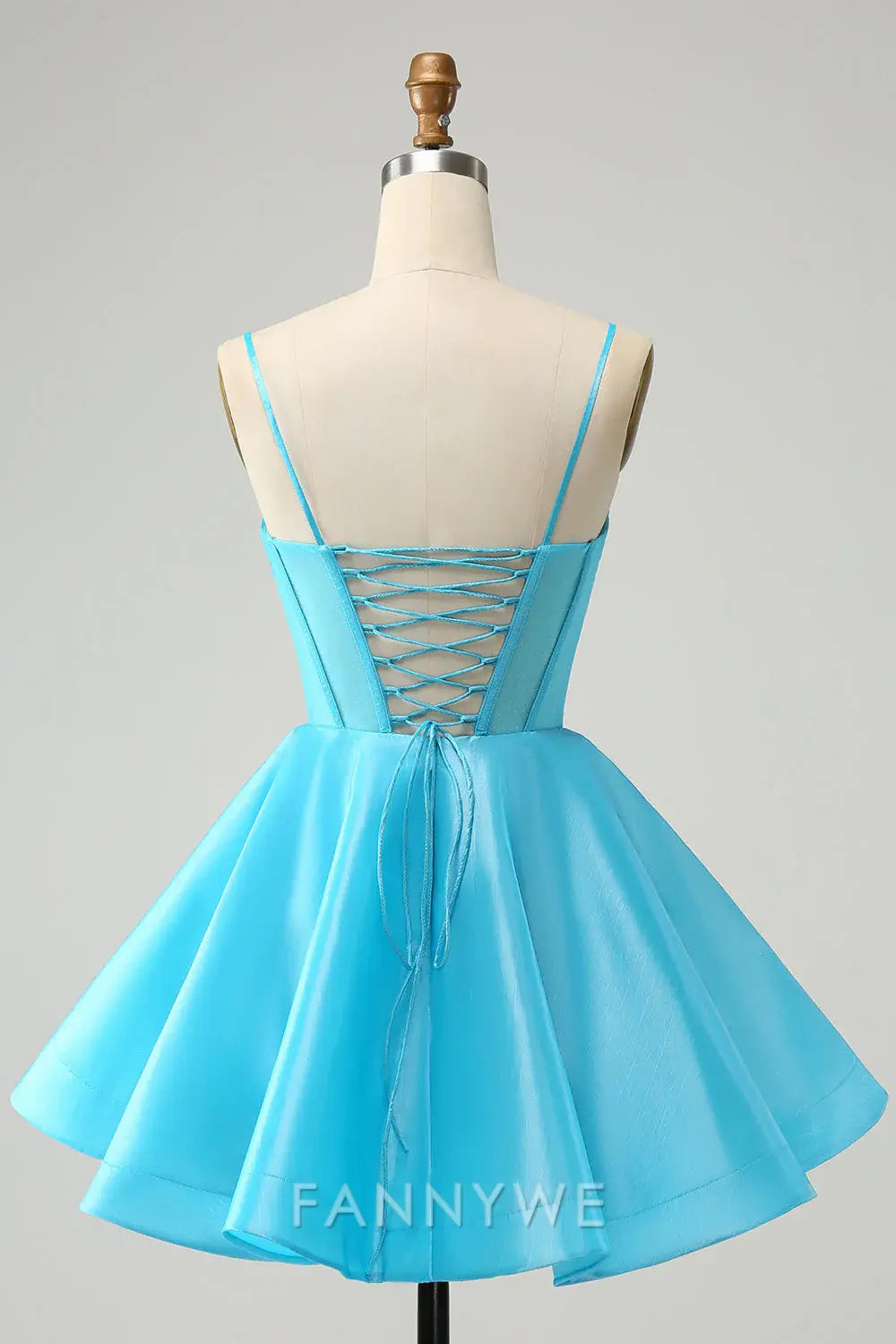 FannyWe Elegant Cute Glitter Blue A Line Spaghetti Straps Corset Homecoming Dress with Beading formal wear dresses