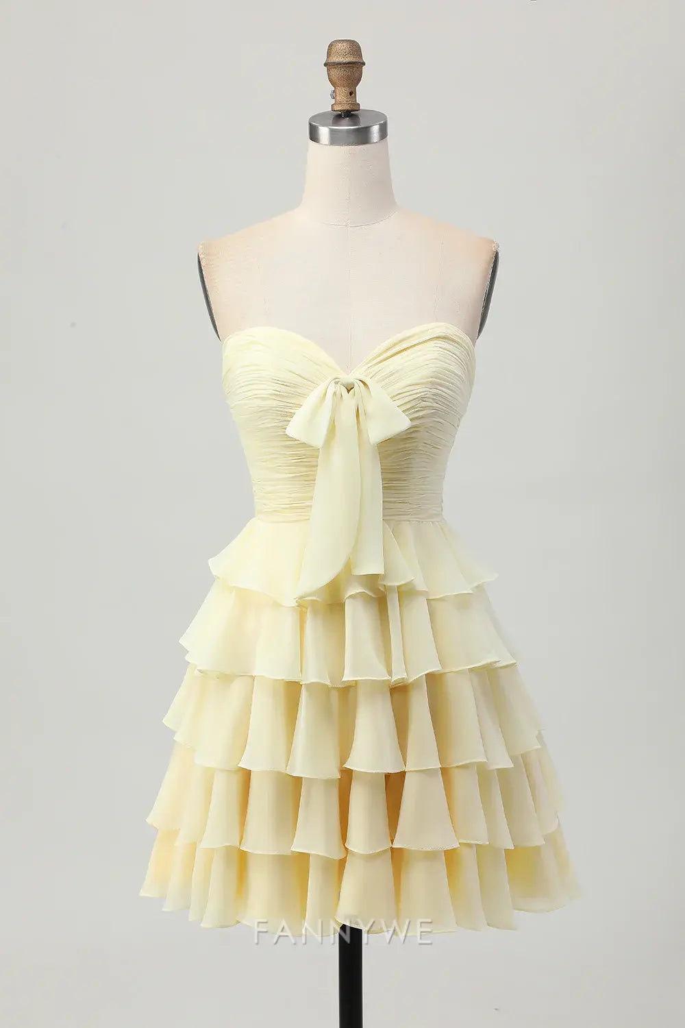 FannyWe - Elegante vestido de fiesta amarillo claro con escote en forma de corazón, fruncido, volantes y lazo, gran oferta