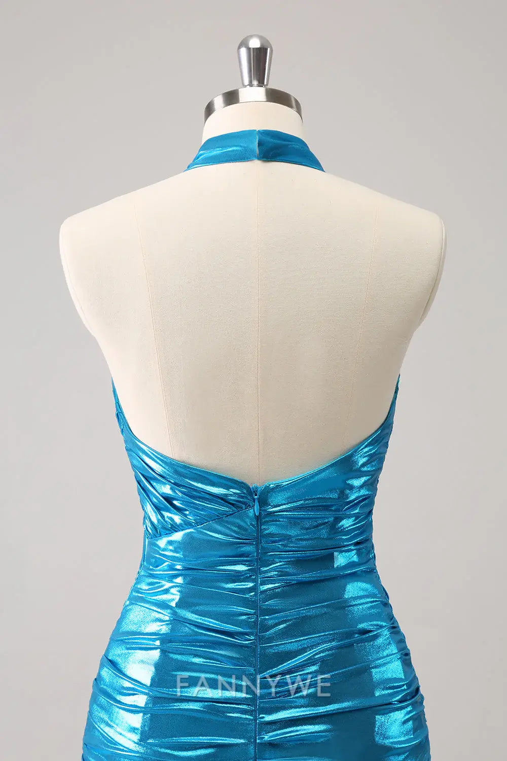 FannyWe Elegant Metallic Tight Halter Backless Satin Blue Homecoming Dress formal wear dresses