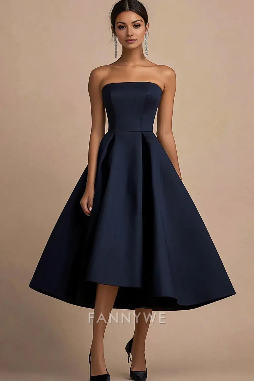 FannyWe Elegant Navy A Line Satin Square Neck Mid-Calf Wedding Guest Dress formal wear dresses