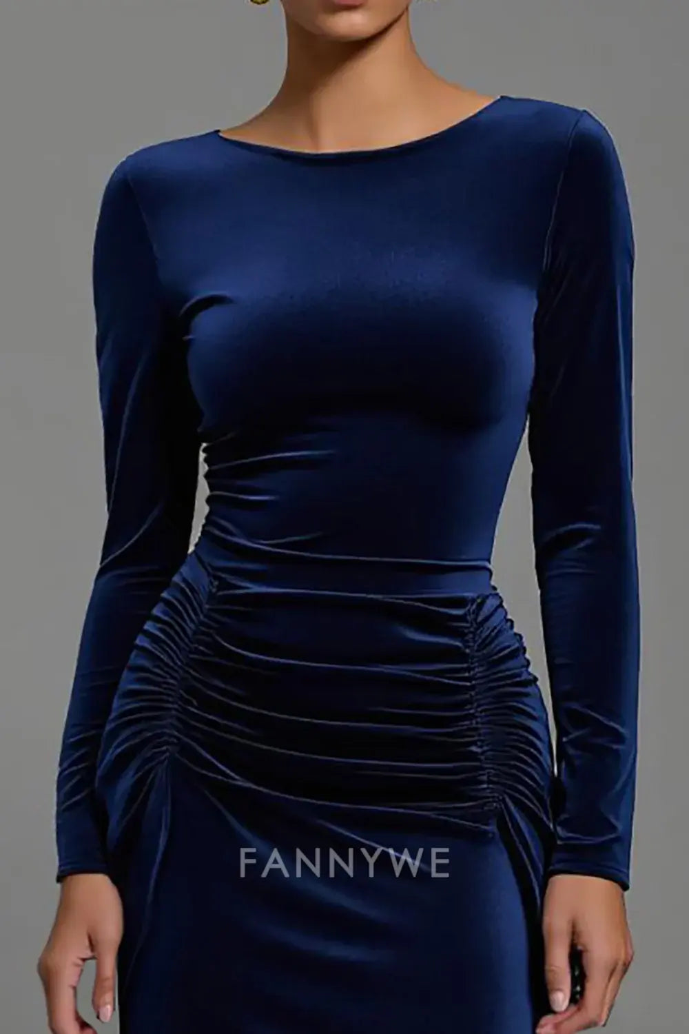 FannyWe Elegant Navy Velvet Boat Neck Sheath Long Holiday Party Dress with Sleeves