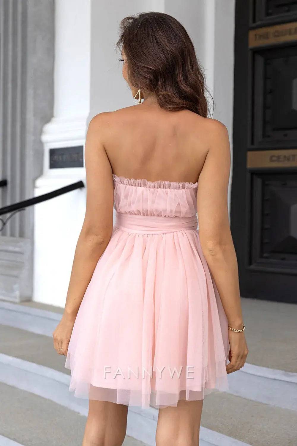 FannyWe Elegant Pink Strapless A Line Tulle Short Homecoming Dress formal wear dresses