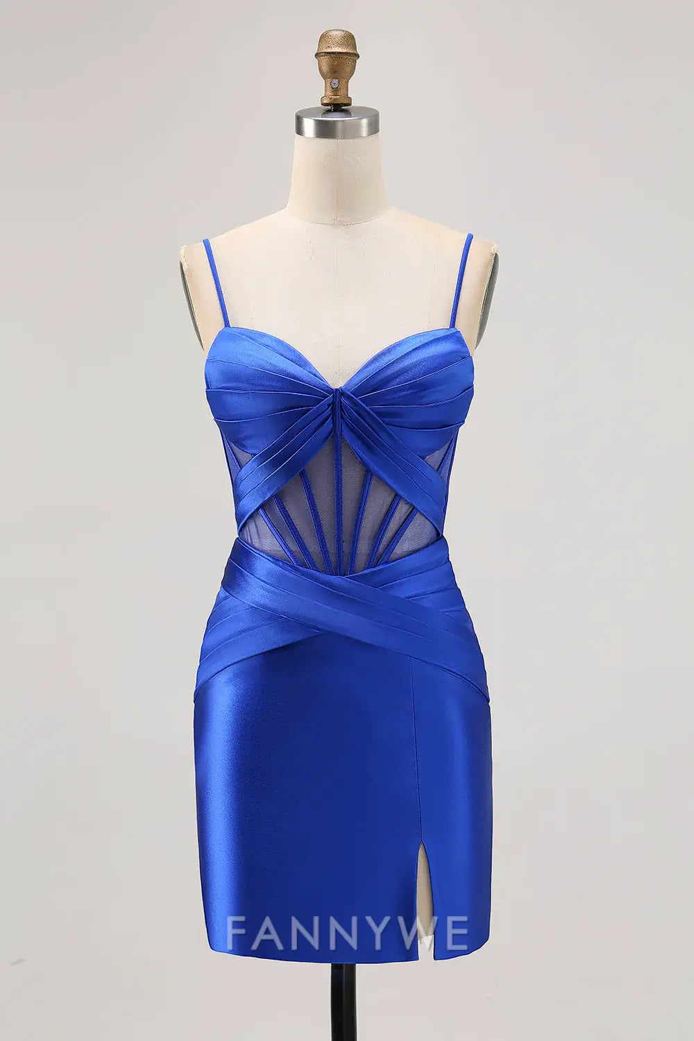 FannyWe Elegant Royal Blue Satin Tight Ruched Corset Short Homecoming Dress with Slit formal wear dresses