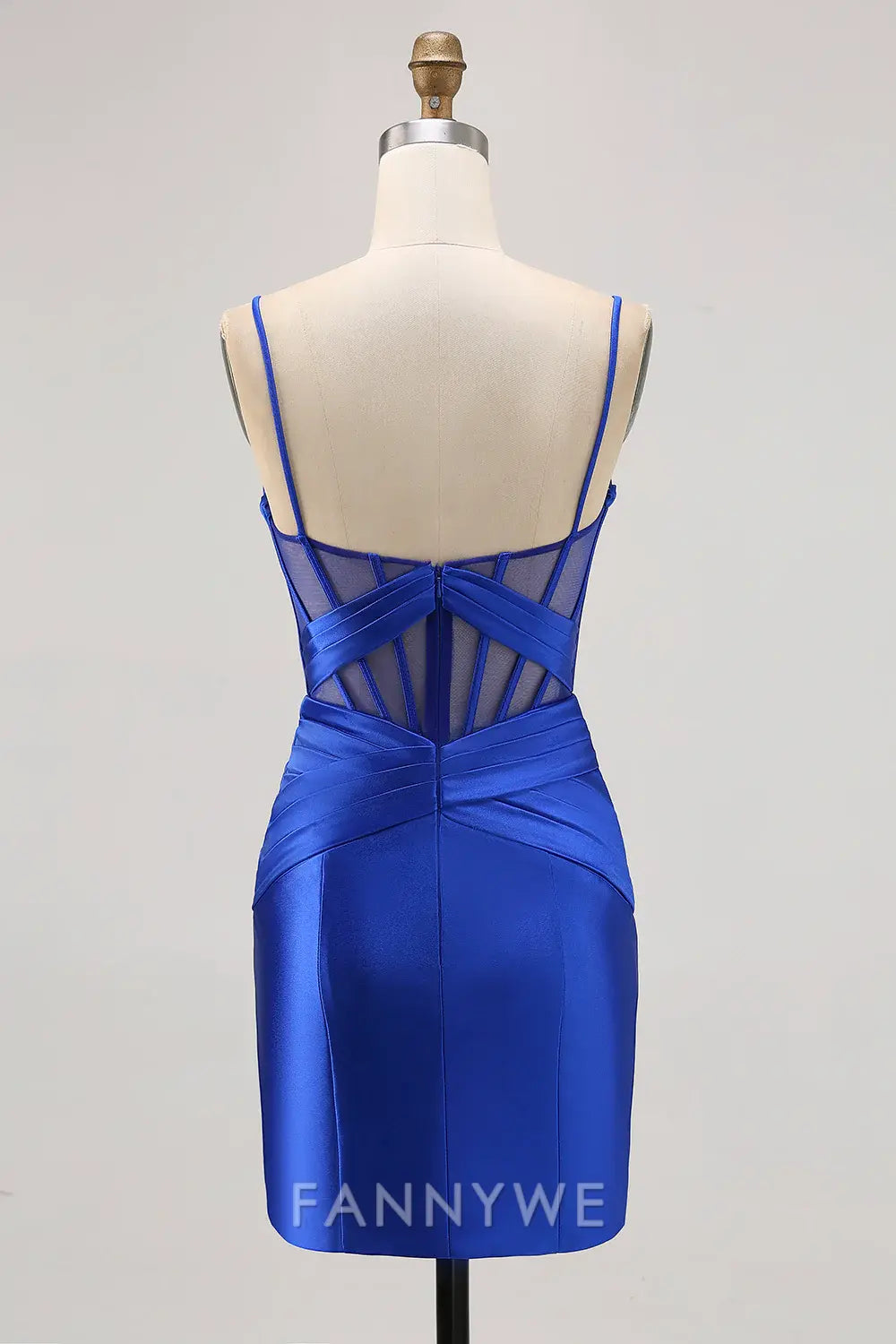 FannyWe Elegant Royal Blue Satin Tight Ruched Corset Short Homecoming Dress with Slit formal wear dresses