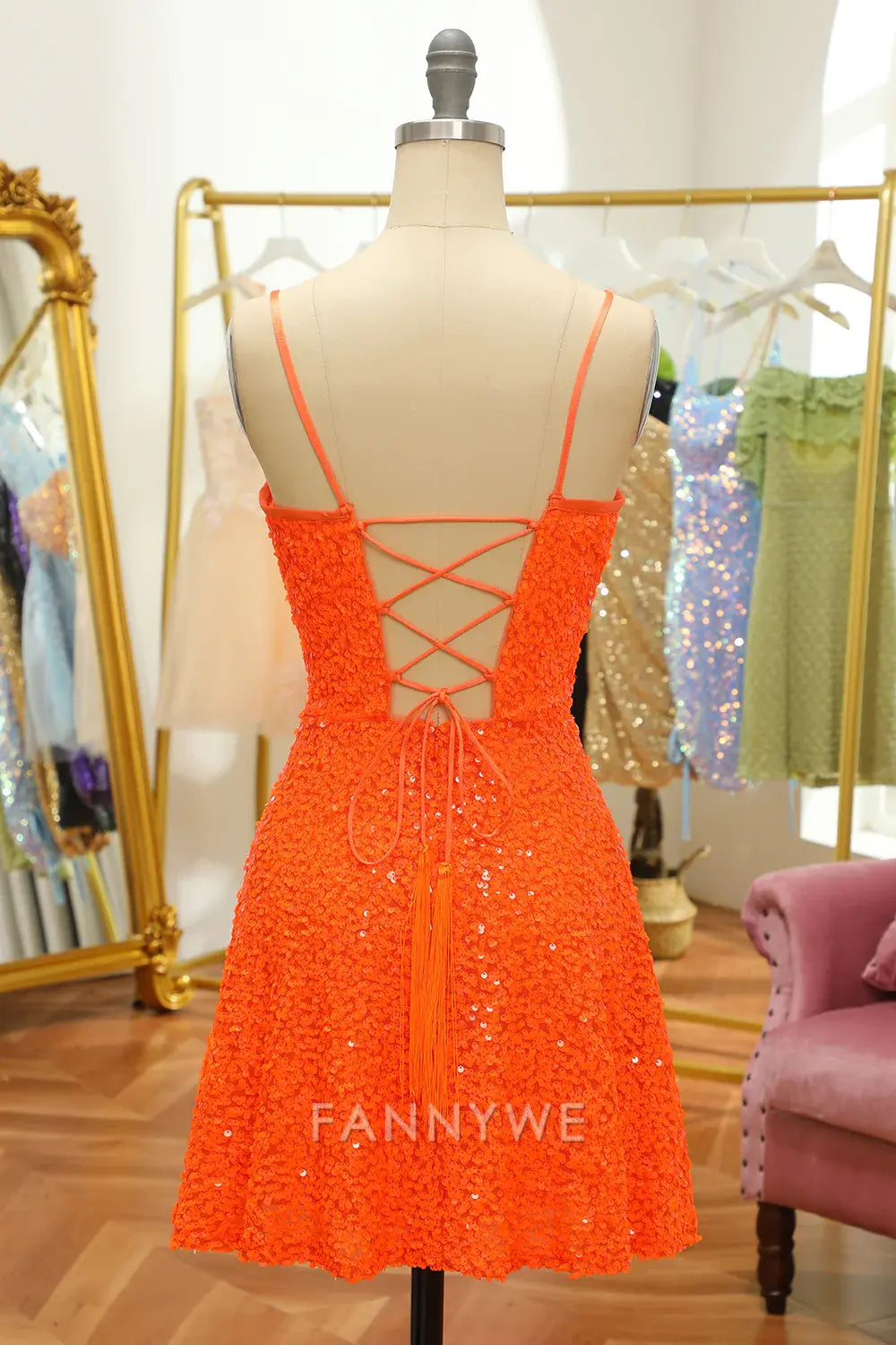 FannyWe Elegant Sequined Orange Lace-Up Homecoming Dress formal wear dresses