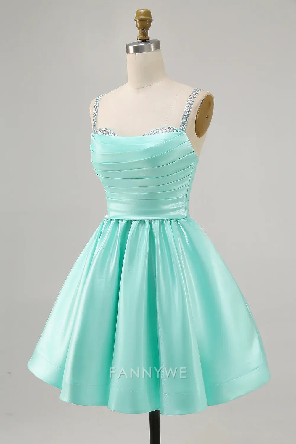 FannyWe Elegant Sparkly Mint Green Ruched Satin Short Homecoming Dress with Beading hot sale