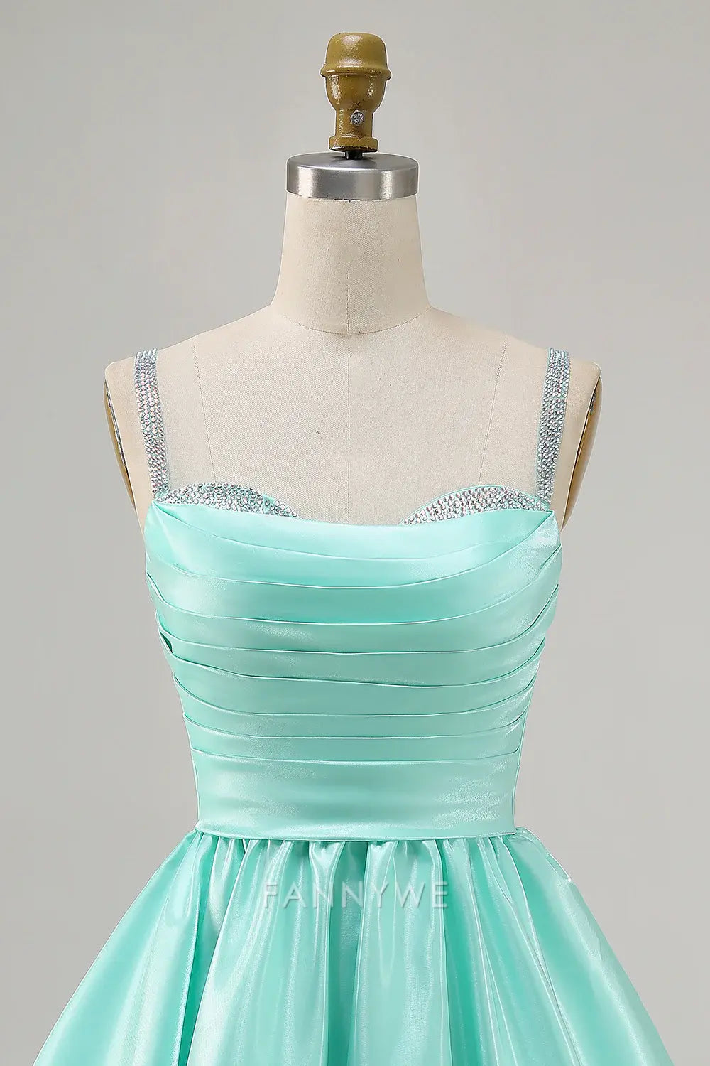 FannyWe Elegant Sparkly Mint Green Ruched Satin Short Homecoming Dress with Beading hot sale