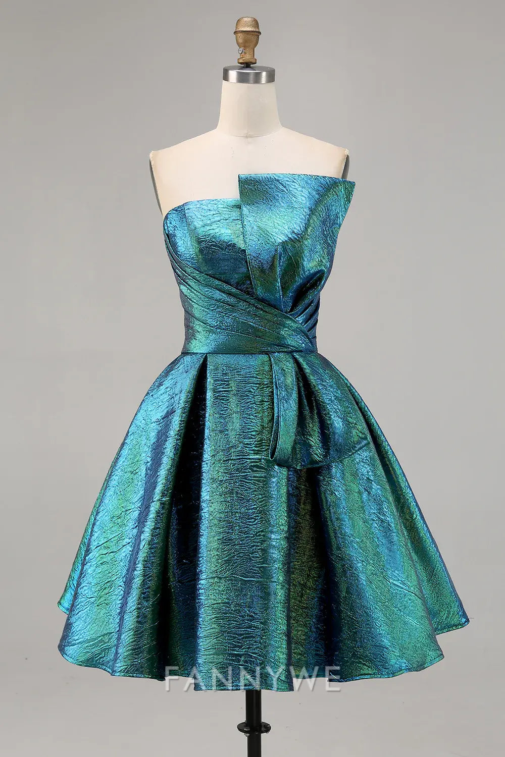 FannyWe Elegant Sparkly Peacock Green Metallic Strapless Short Homecoming Dress