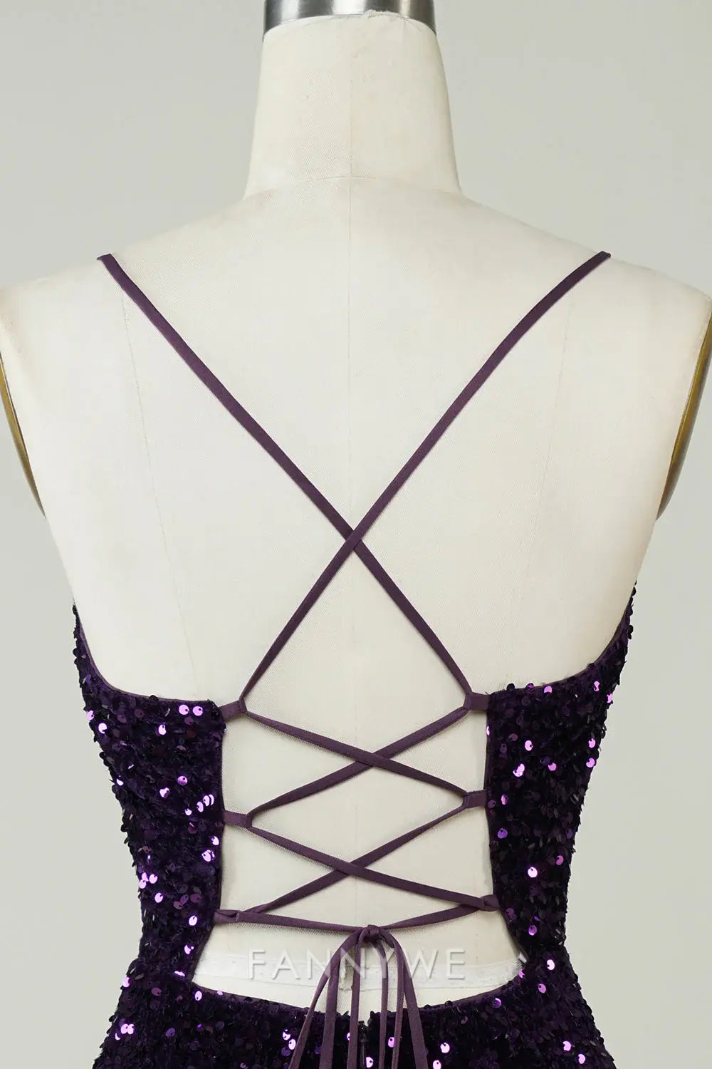 FannyWe Elegant Sparkly Purple Sequins Backless Tight Short Homecoming Dress with Slit formal wear dresses