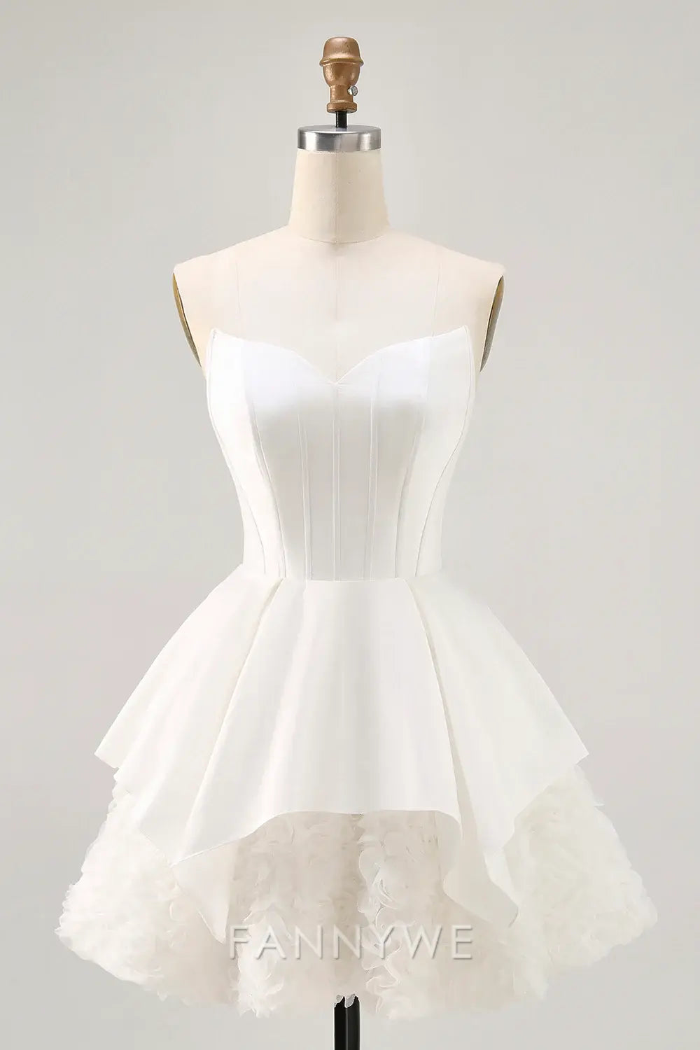 FannyWe Elegant White Strapless Tiered Short Corset Homecoming Dress with Ruffles formal wear dresses