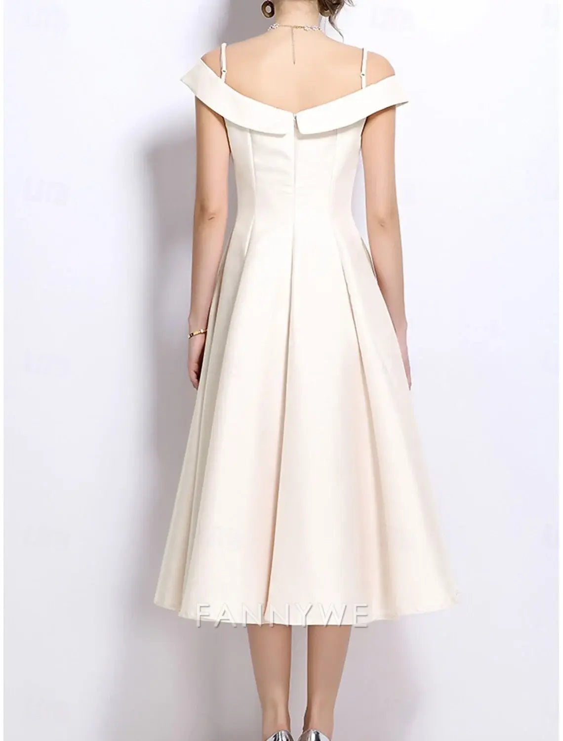 FannyWe Simple A-Line Party Dresses Elegant Dress Wedding Wedding Guest Tea Length Sleeveless Off Shoulder Polyester Backless with Pleats