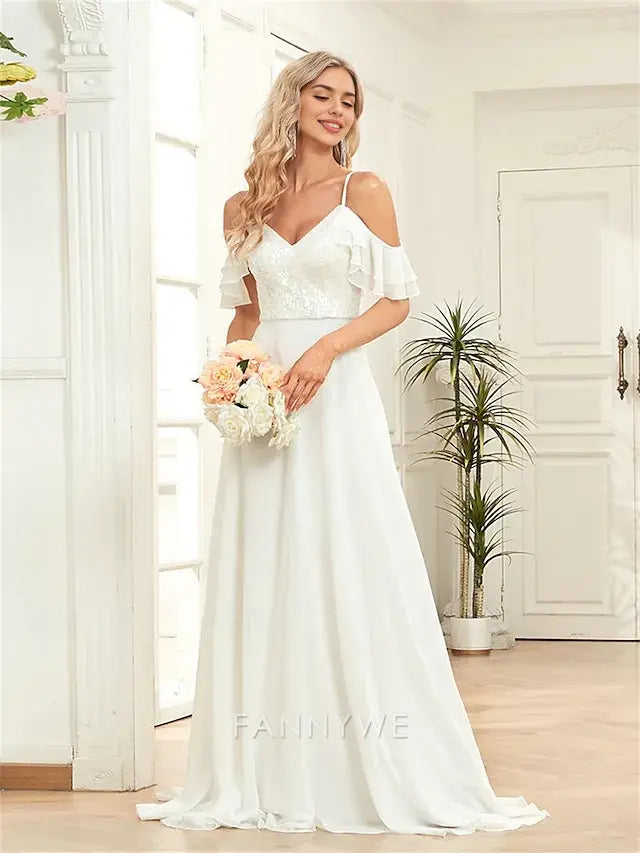 FannyWe Simple A-Line Quinceanera Dresses Elegant Dress Formal Wedding Floor Length Sleeveless Sweetheart Chiffon Backless with Pleats