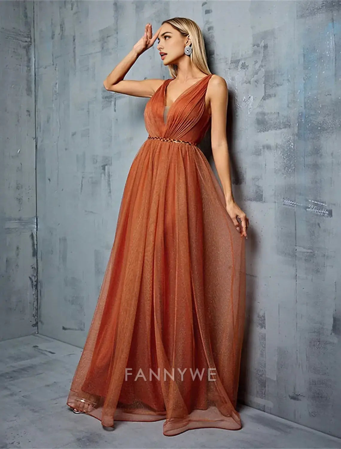 FannyWe Simple A-Line Quinceanera Dresses Elegant Dress Performance Wedding Floor Length Sleeveless V Neck Chiffon with Pleats
