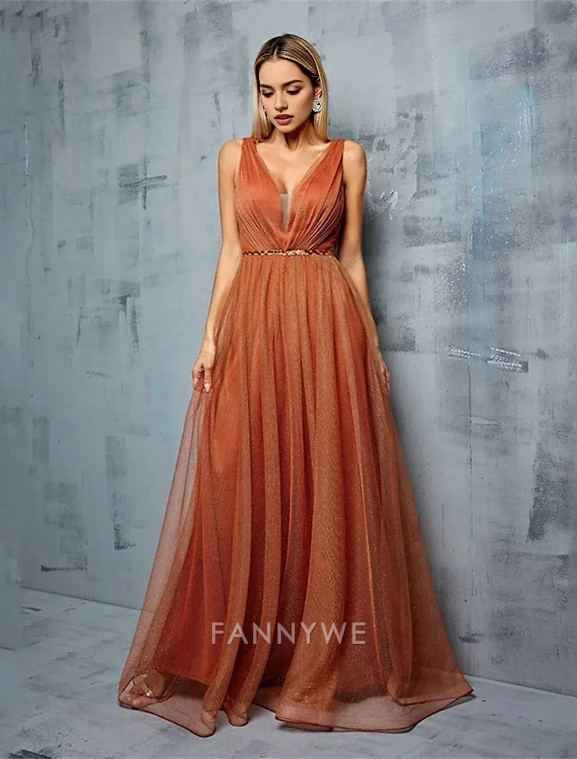 FannyWe Simple A-Line Quinceanera Dresses Elegant Dress Performance Wedding Floor Length Sleeveless V Neck Chiffon with Pleats