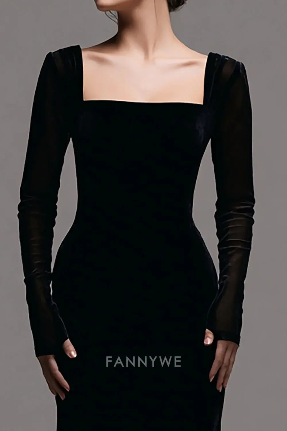 FannyWe Simple Black Velvet Square Neck Sheath Long Holiday Party Dress with Sleeves