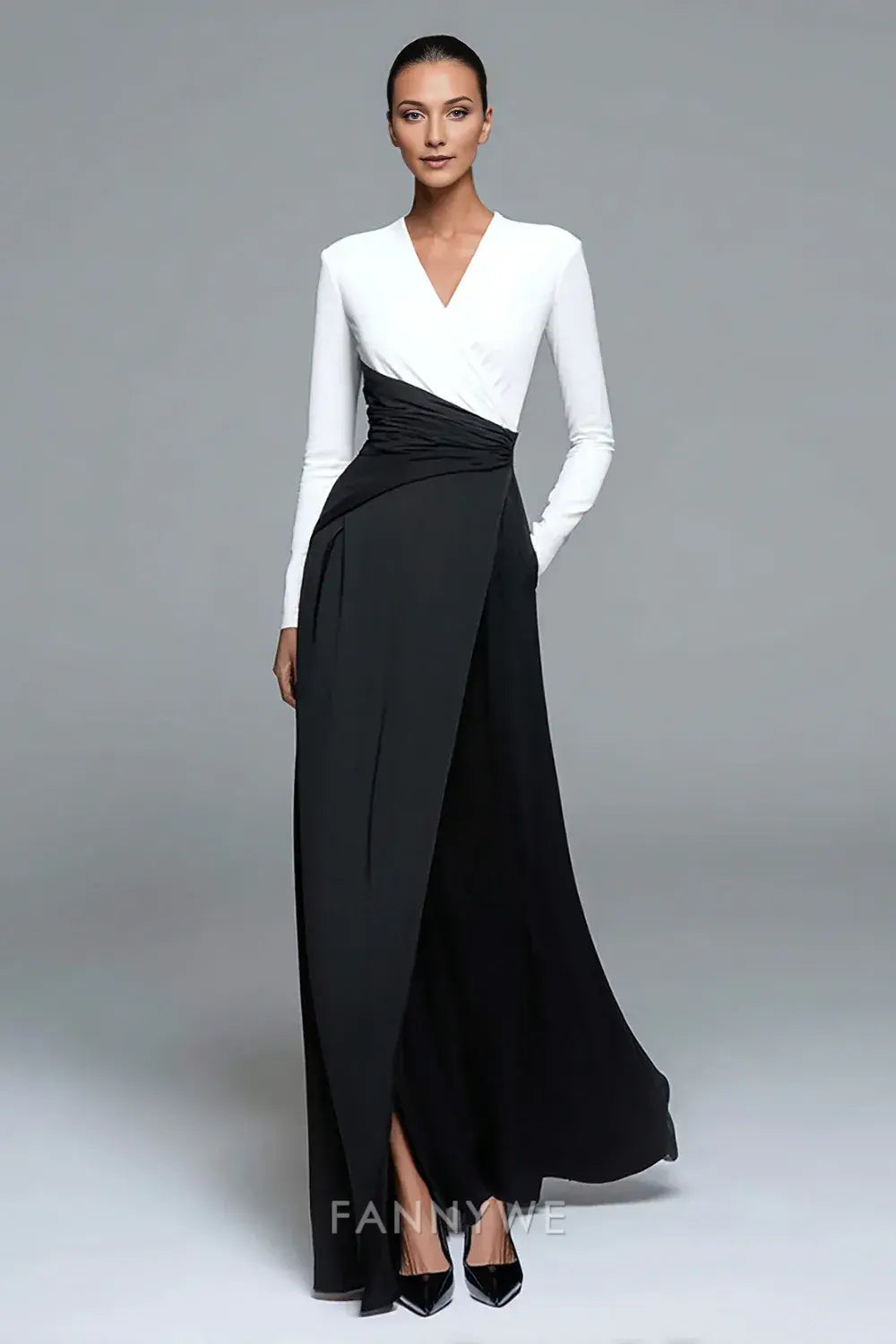 FannyWe Simple Black and White Patchwork Long Sleeves Formal Dress