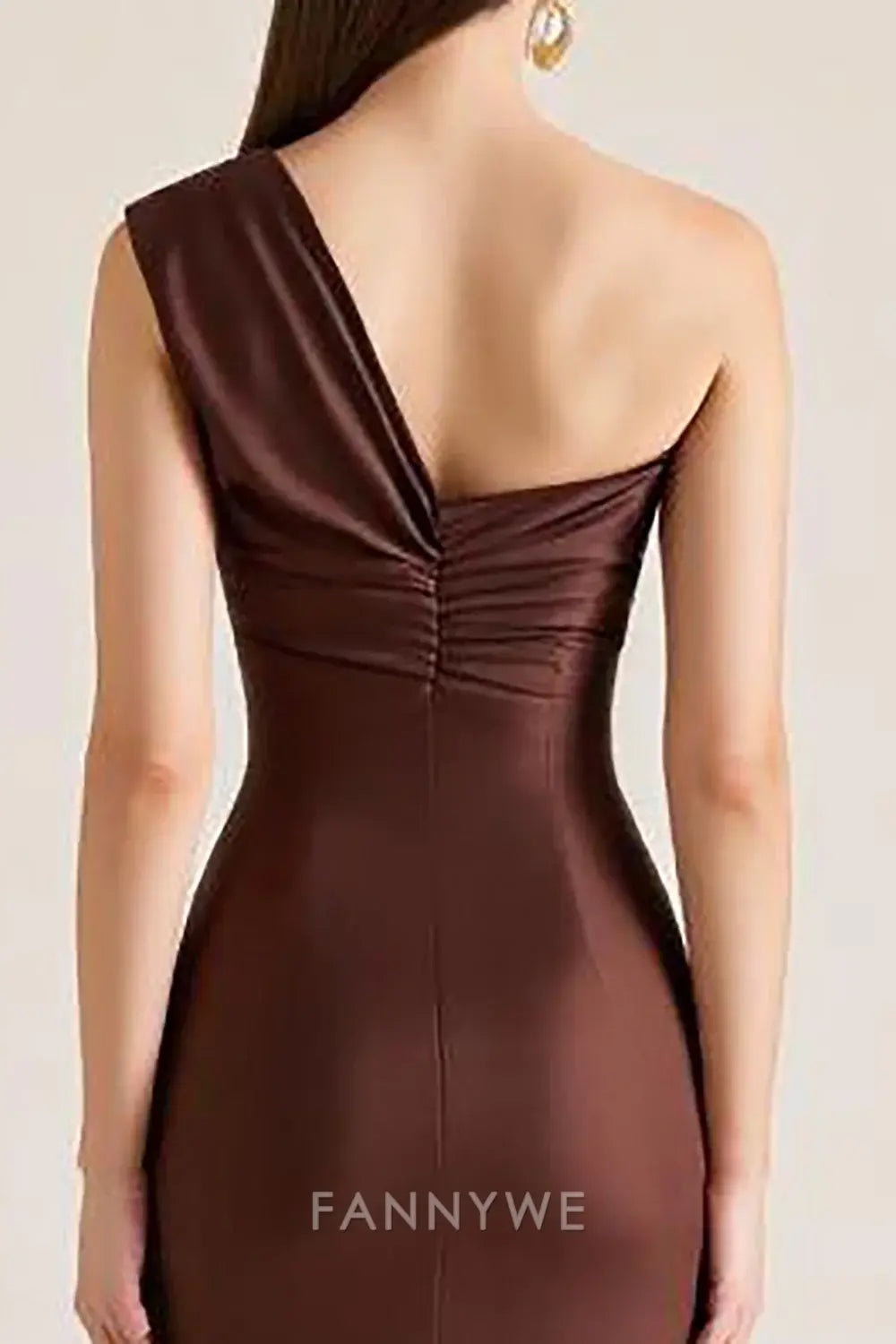 FannyWe Simple Dark Brown One Shoulder Satin Long Mermaid Wedding Guest Dress