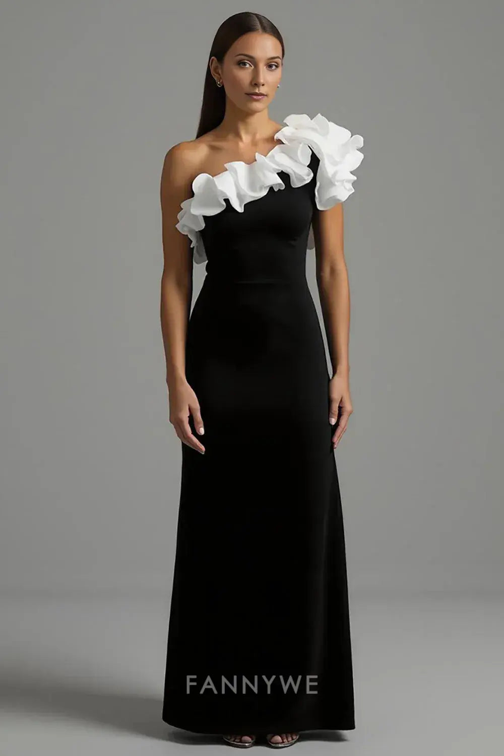 FannyWe Simple Evening Dresses Black and White Sheath One Shoulder Long Formal Dress with Ruffles hot sale
