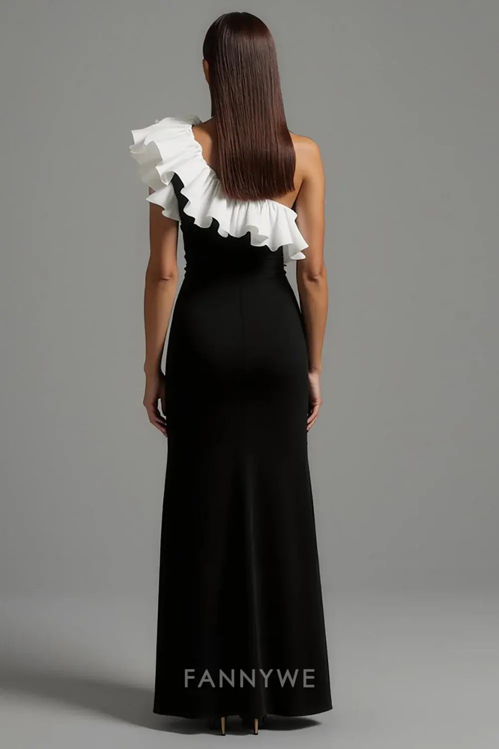 FannyWe Simple Evening Dresses Black and White Sheath One Shoulder Long Formal Dress with Ruffles hot sale