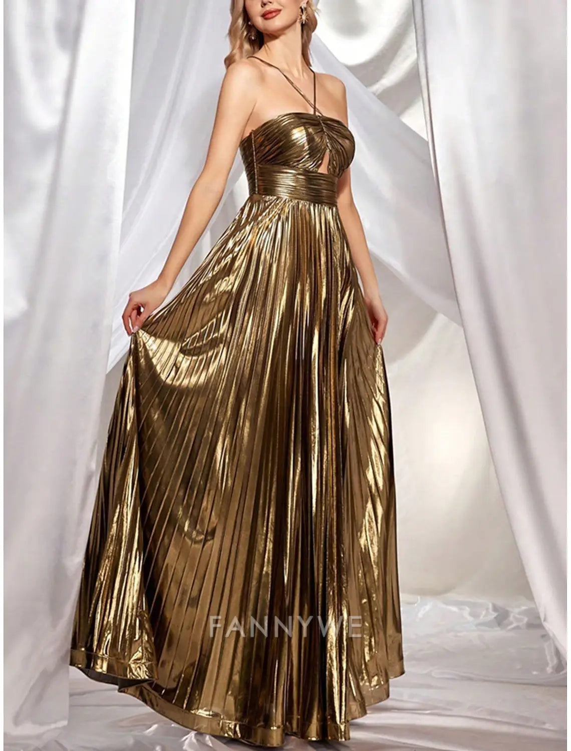 FannyWe Vestido largo sencillo dorado plisado de lurex Vestidos de quinceañera de corte A Cuello halter Vestido elegante Invitada de boda Largo hasta el suelo Con cordones