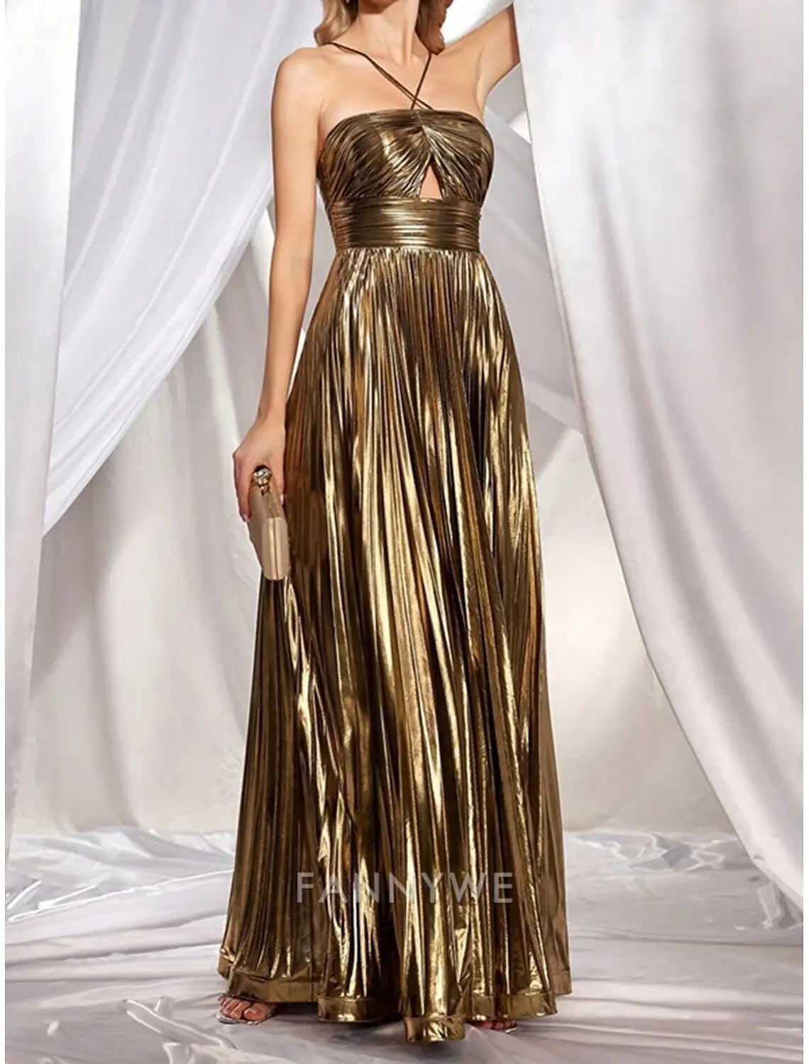 FannyWe Vestido largo sencillo dorado plisado de lurex Vestidos de quinceañera de corte A Cuello halter Vestido elegante Invitada de boda Largo hasta el suelo Con cordones