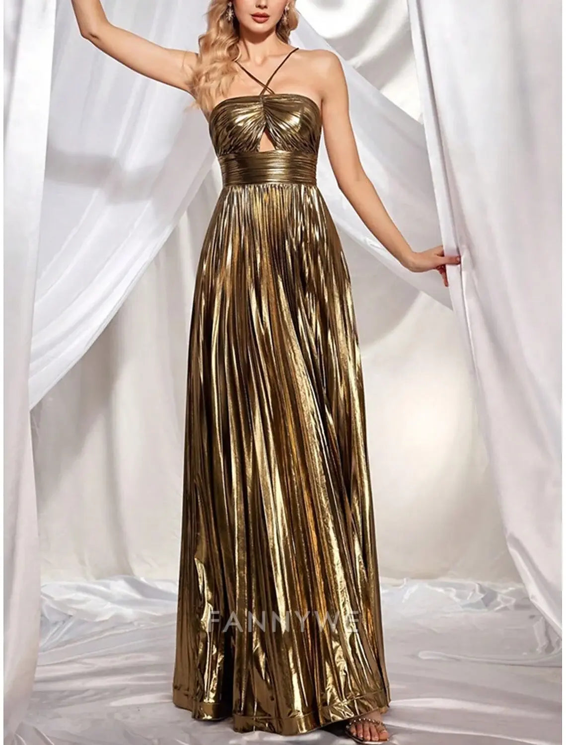 FannyWe Vestido largo sencillo dorado plisado de lurex Vestidos de quinceañera de corte A Cuello halter Vestido elegante Invitada de boda Largo hasta el suelo Con cordones