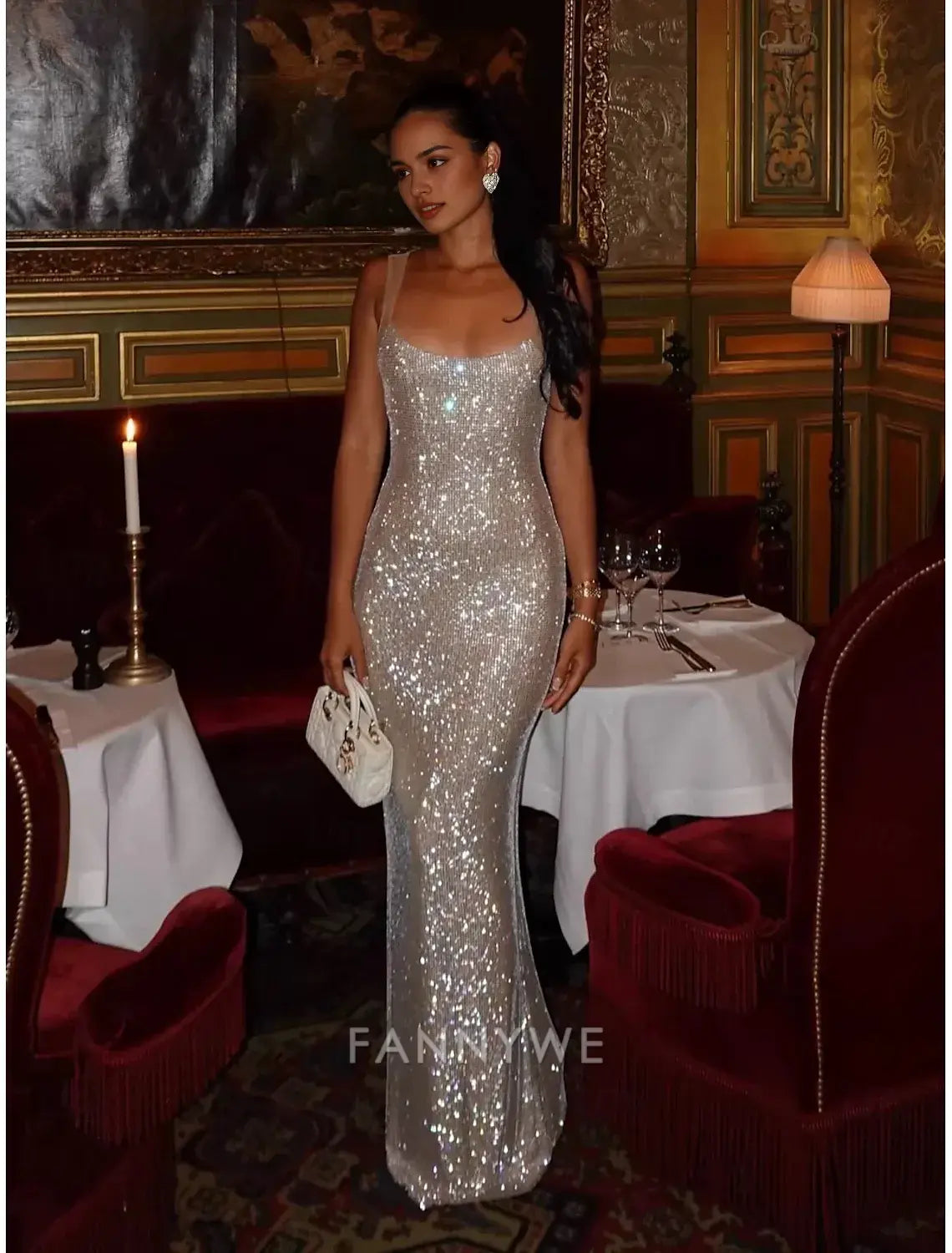 FannyWe Simple Mermaid / Trumpet Prom Dresses Vintage Dress Formal Prom Floor Length Sleeveless Square Neck Sequined with Glitter Sequin