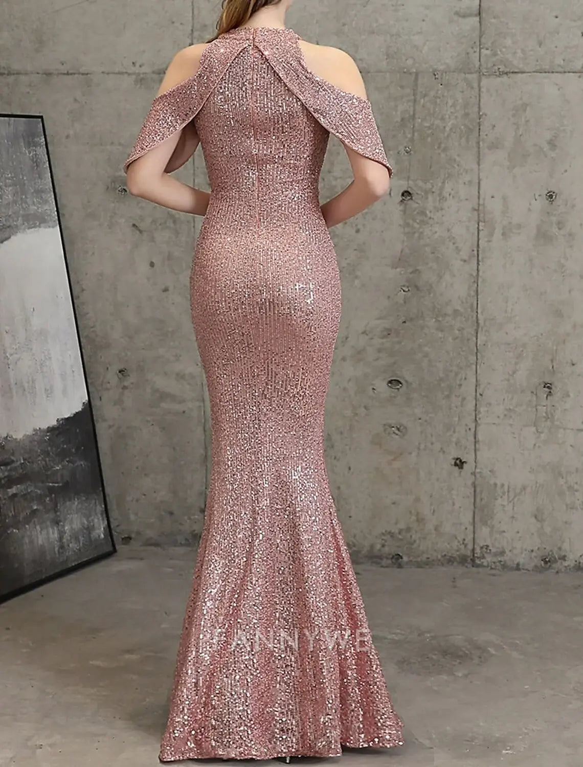FannyWe Vestidos de quinceañera sencillos de sirena/trompeta Vestido elegante Boda Invitada de boda Largo hasta el suelo Sin mangas Cuello alto Lentejuelas con lentejuelas