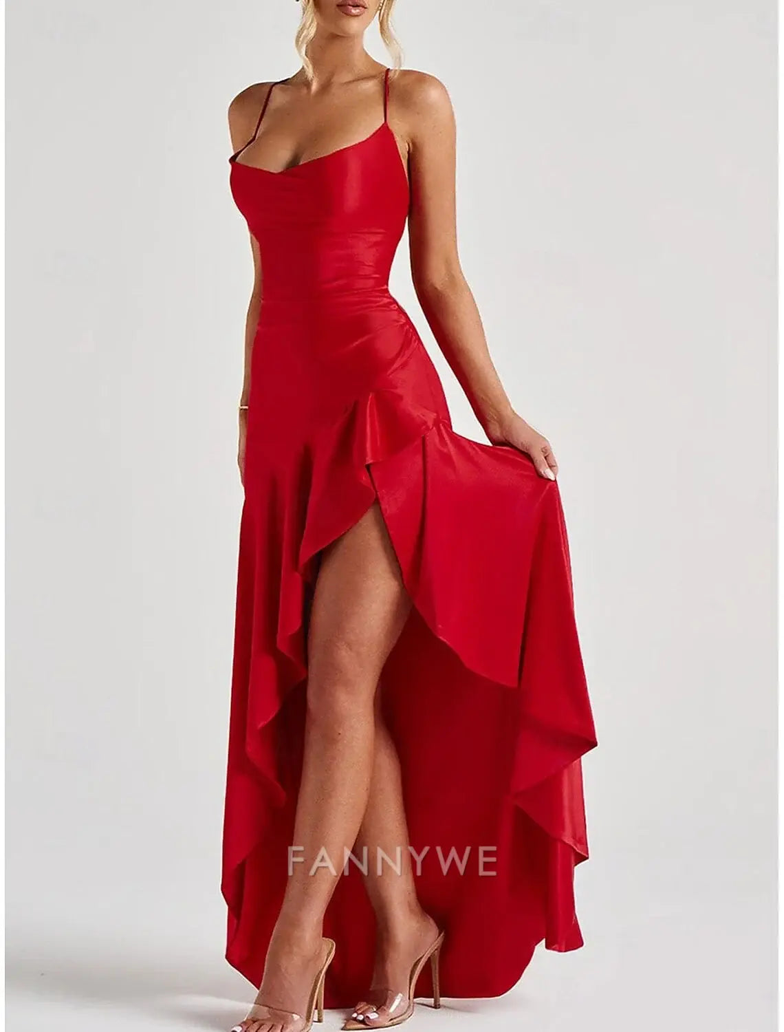 FannyWe Vestidos de quinceañera sencillos de sirena/trompeta, vestido elegante para boda, invitada de boda, largo hasta el suelo, sin mangas, tirantes finos, poliéster, sin espalda con abertura