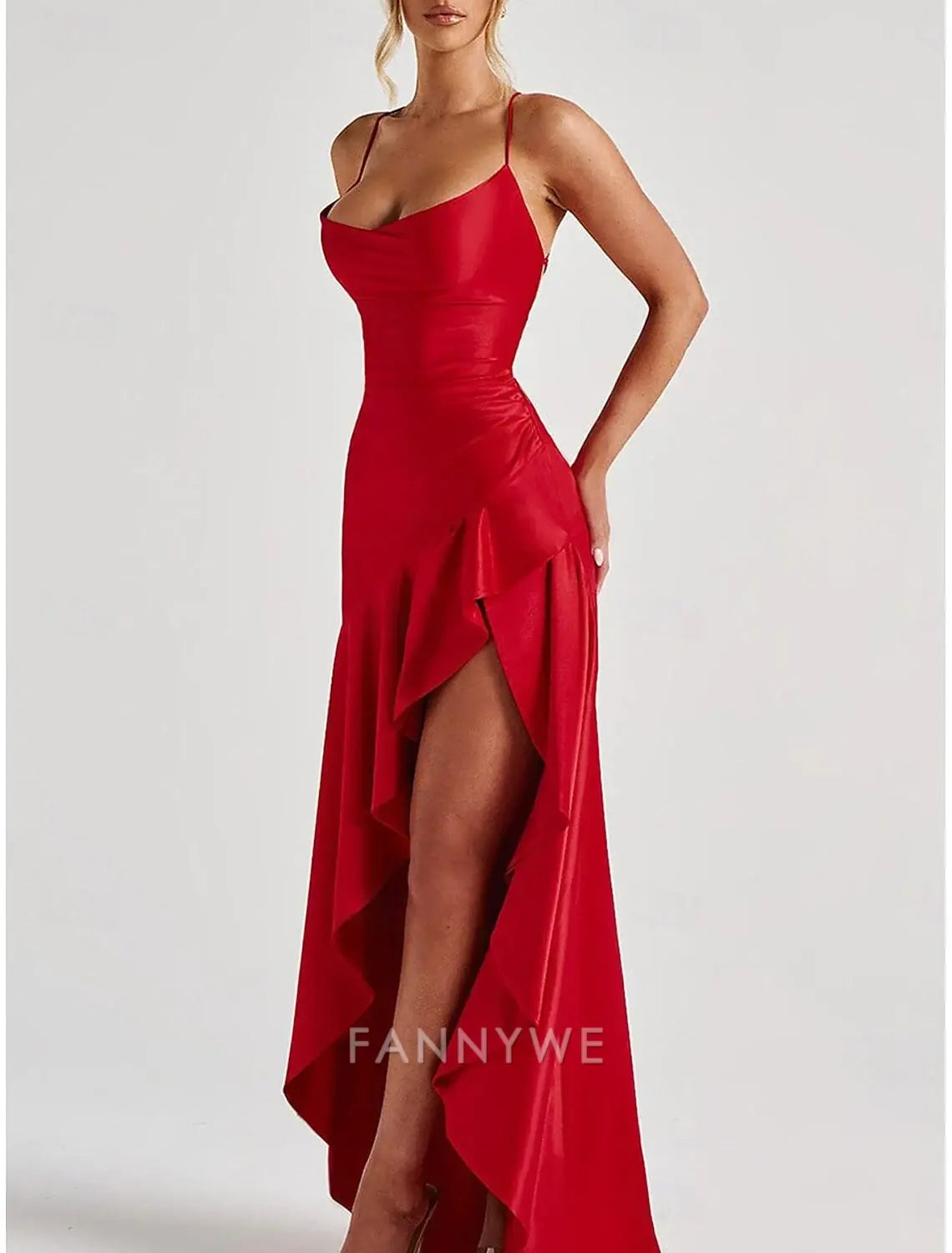 FannyWe Vestidos de quinceañera sencillos de sirena/trompeta, vestido elegante para boda, invitada de boda, largo hasta el suelo, sin mangas, tirantes finos, poliéster, sin espalda con abertura