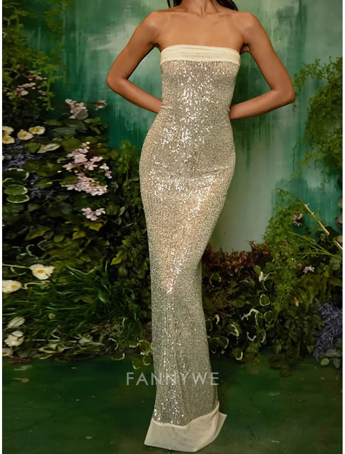 FannyWe Vestidos de quinceañera sencillos de sirena/trompeta Vestido elegante Boda Invitada de boda Largo hasta el suelo Sin mangas Sin tirantes Tul Sin espalda con abertura de lentejuelas